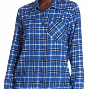 Free Press Nordstrom Blue Plaid Button Front Oversize Flannel Shirt Top S New